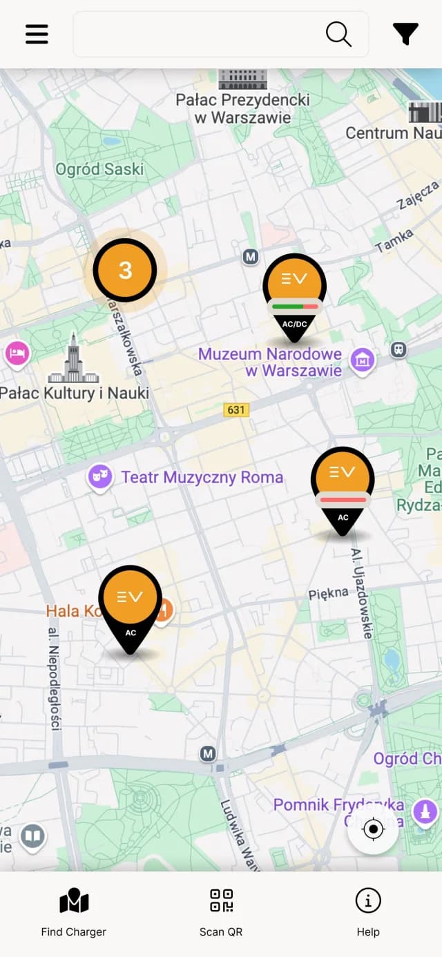 Mapa stacji w aplikacji Arteva